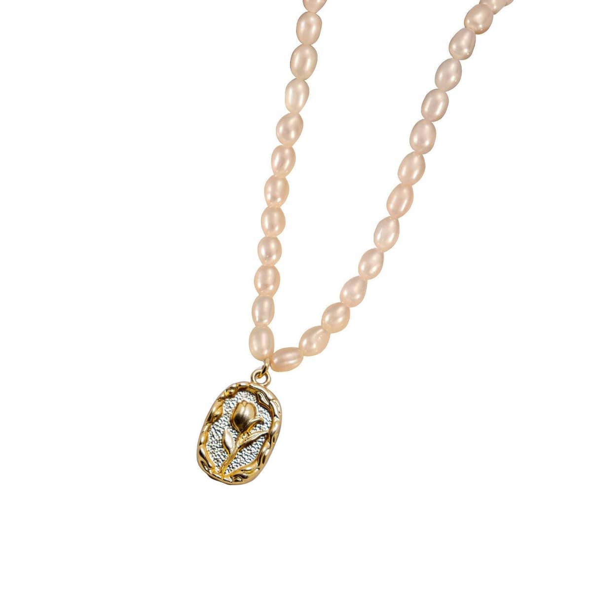 Freshwater Pearl Necklace, 39 cm with 5 cm Extender - Oval with Flower