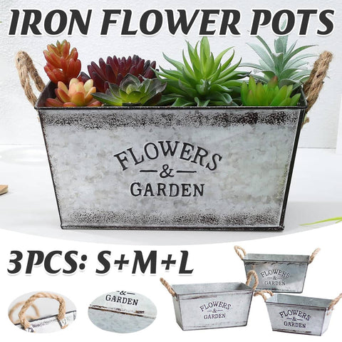 Galvanised Iron Flower Pots Set of 3 Vintage Garden Planters