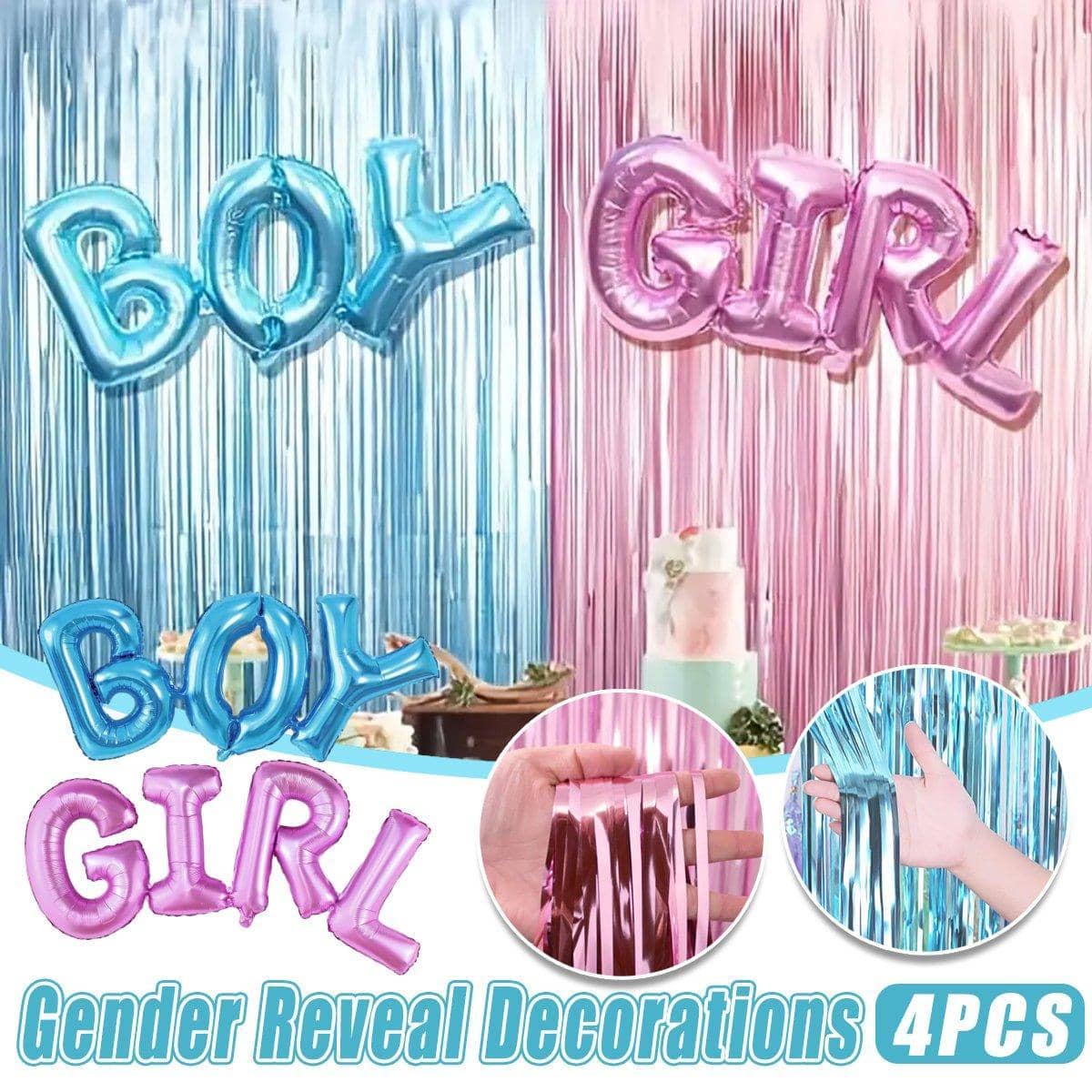Gender Reveal Party Decorations with Boy and Girl Foil Balloons and Fringe Curtains, Pack of 4