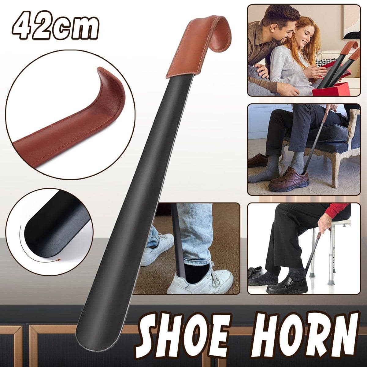 Genuine Leather Shoe Horn 42cm Stainless Steel with Black Metal and Brown Leather Handle