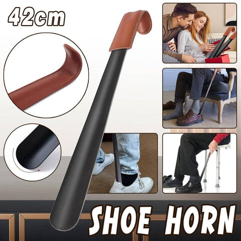 Genuine Leather Shoe Horn 42cm Stainless Steel with Black Metal and Brown Leather Handle
