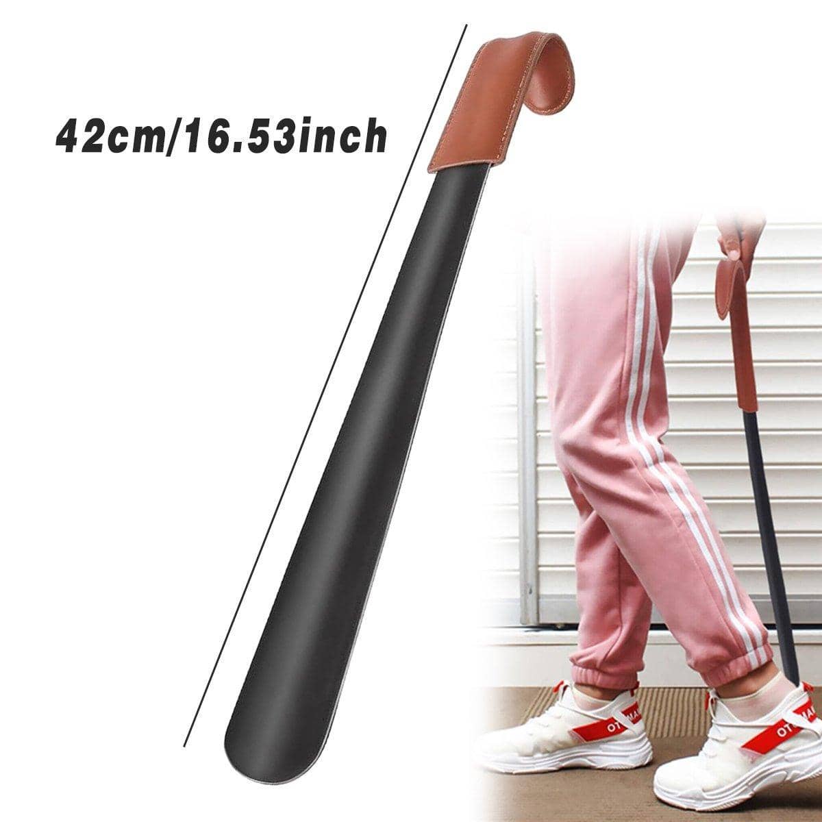 Genuine Leather Shoe Horn 42cm Stainless Steel with Black Metal and Brown Leather Handle - view 3