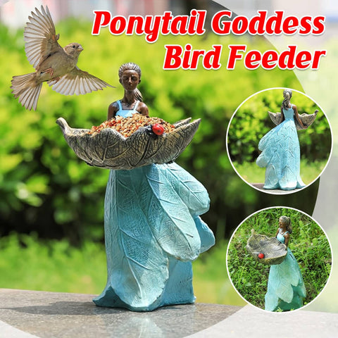 Girl Sculpture Bird Feeder Garden Ornament, Outdoor Resin Yard Decor with Leaf Bowl