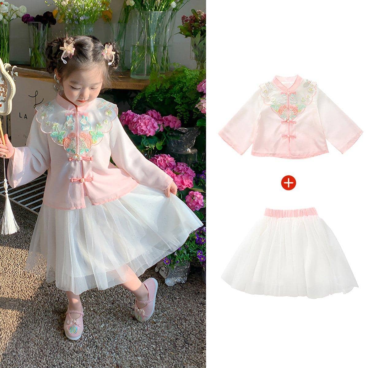 Girls Autumn Hanfu Outfit, Pink Top and White Skirt - Size 100cm - view 5