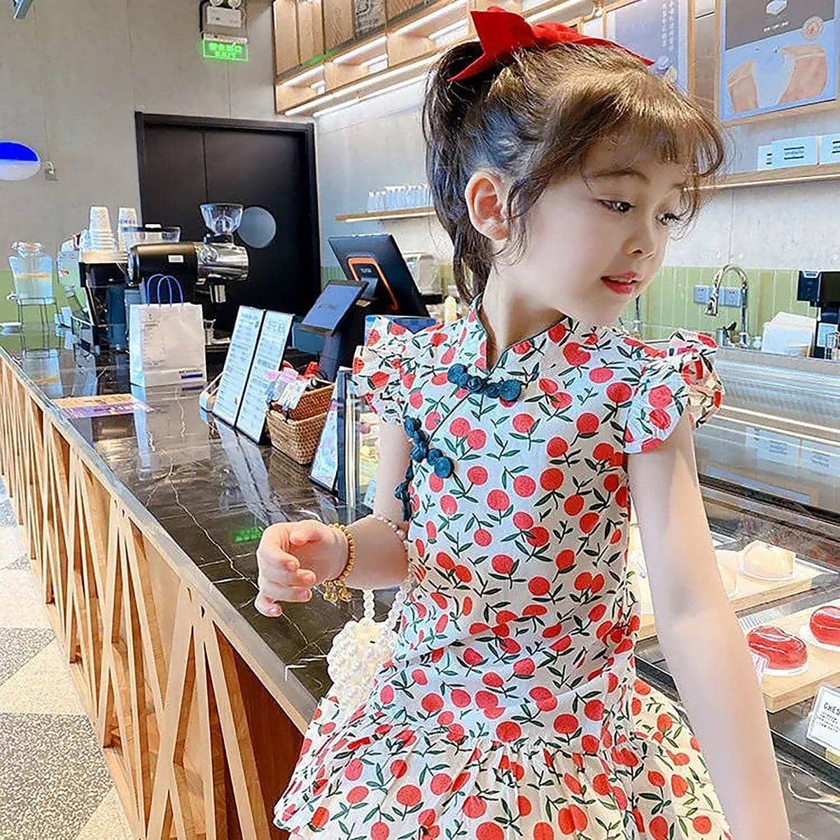 Girls Cheongsam Floral Dress, Traditional Chinese Style - Yellow, 120 cm - view 4