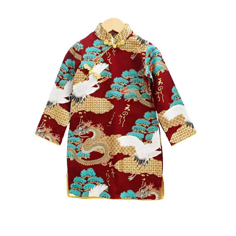 Girls Red Traditional Chinese Cheongsam Qipao Long Sleeve Dress - Size 130 cm