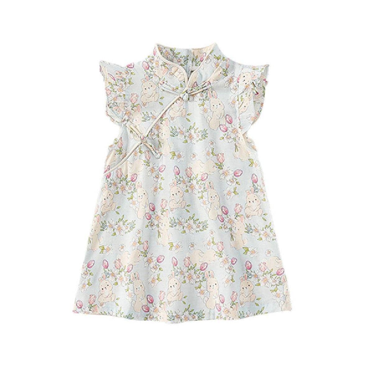 Girls Summer Cheongsam Dress - 140cm, Rabbit Print