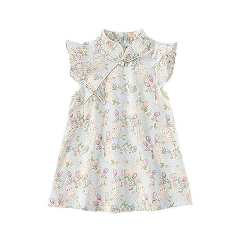 Girls Summer Cheongsam Dress - 140cm, Rabbit Print