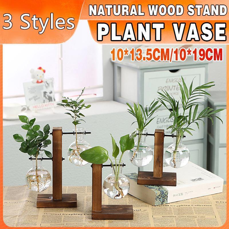 Glass Bulb Plant Vase with Wooden Stand - Two Bulbs, 10 x 13.5 cm - view 2
