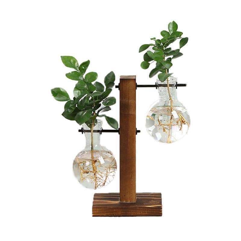Glass Bulb Plant Vase with Wooden Stand - Two Staggered Bulbs, 10 x 19 cm