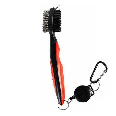 Golf Club Cleaning Brush with Retractable Clip, Dual Bristles - Red