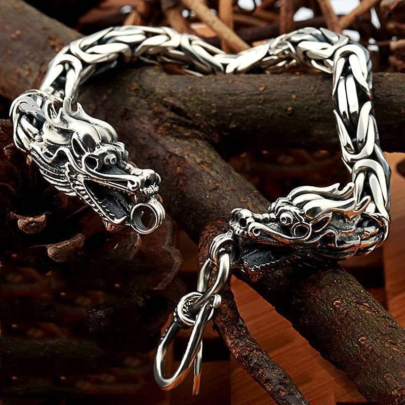 Gothic Double Dragon Head Bracelet for Men, Punk Style Alloy Chain - 21 cm - view 3
