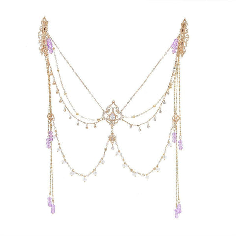 Hair Clip Face Chain with Purple Bead Tassels - Face Decoration, Gold-Tone
