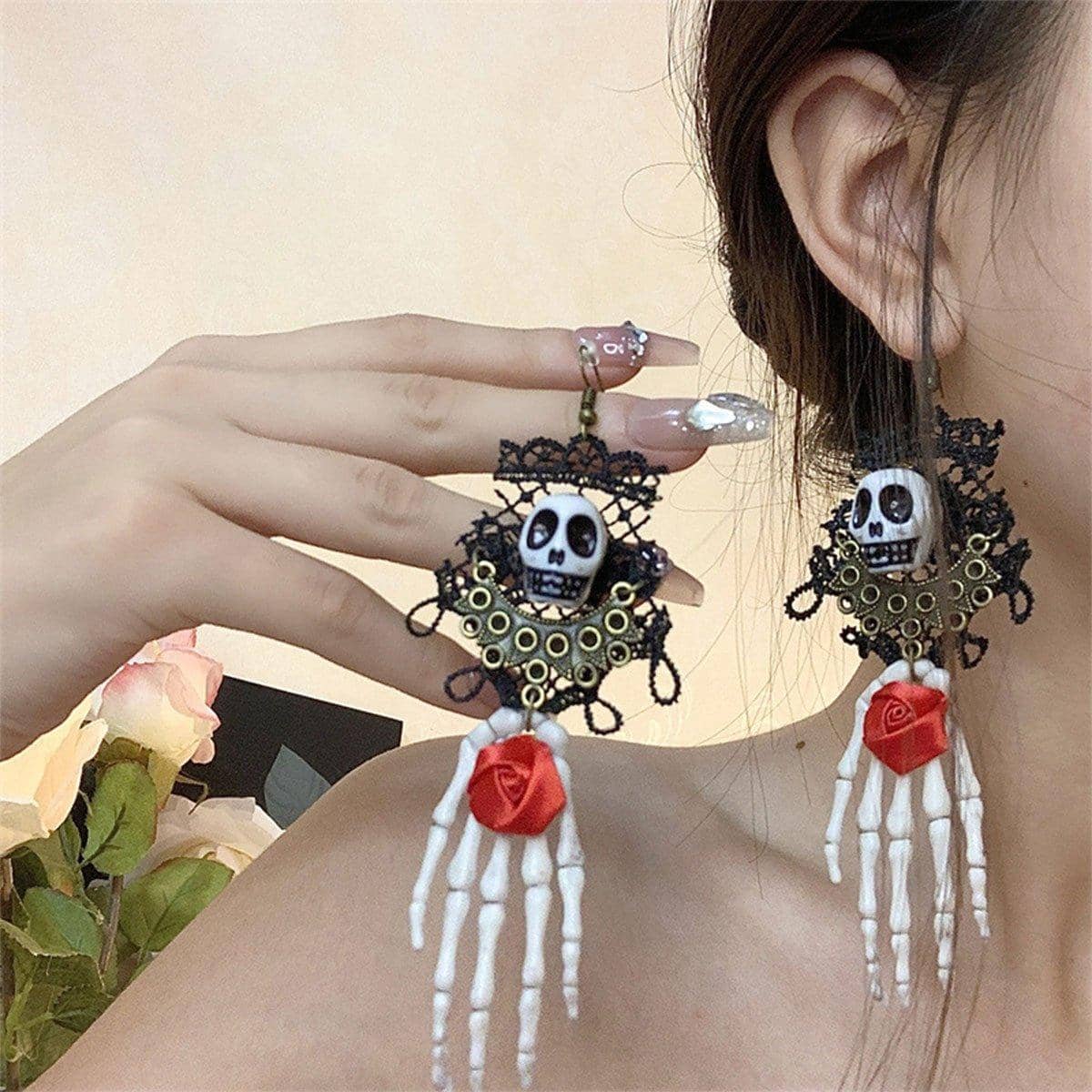Halloween Earrings - Skeleton Hand with Skull and Red Rose - view 5