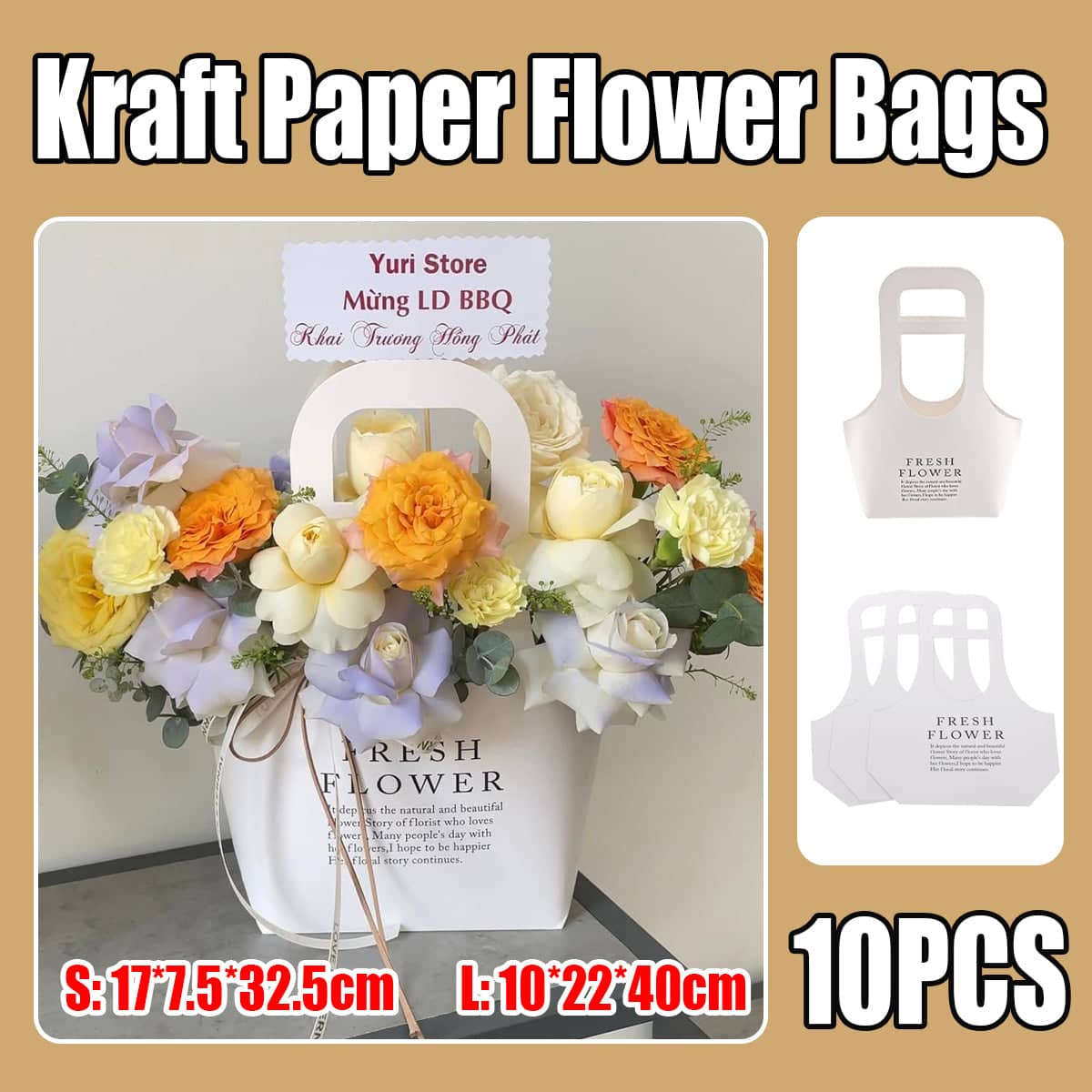Handheld Kraft Paper Flower Bags, Pack of 10 - White, Small (17 x 7.5 x 32.5 cm) - view 2