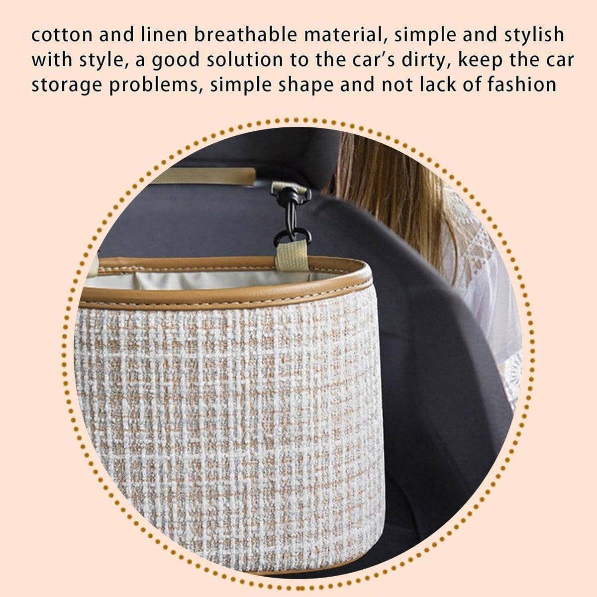 Hanging Car Seat Back Organiser, Cotton and Linen Pouch - Beige - view 5