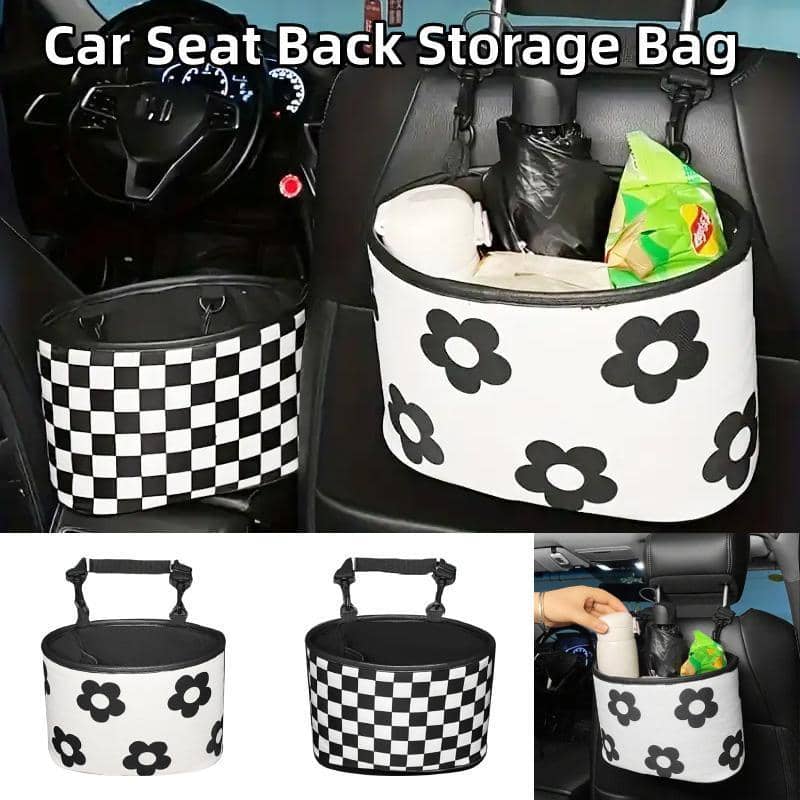 Hanging Car Storage Bag and Rubbish Bin, Checkerboard Design - Black and White - view 2