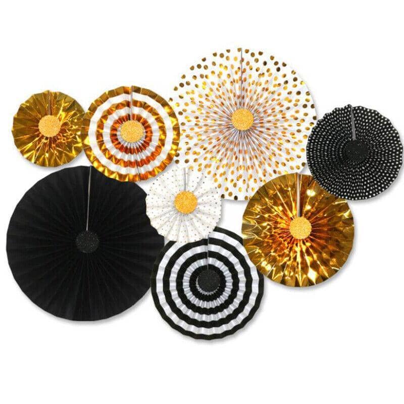 Hanging Paper Fan Party Decorations - Black and Gold, Pack of 8 - view 5