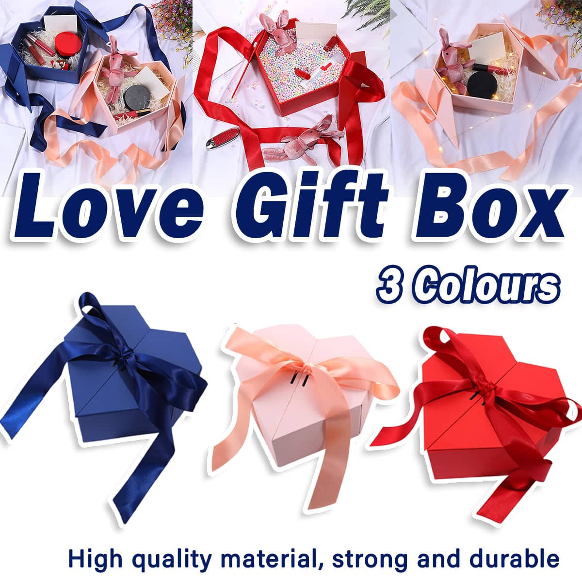 Heart Shaped Gift Box with Satin Ribbon, 21 x 23 x 10 cm - Blue - view 2