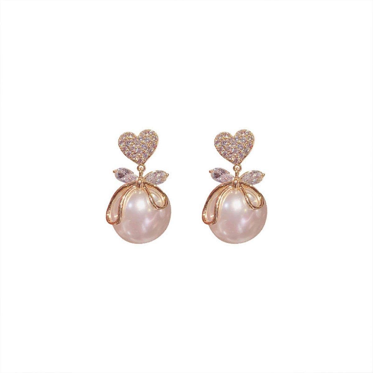 Heart Stud Earrings with Crystal Bow and Pearl Drop for Women, Fashion Gift - view 2