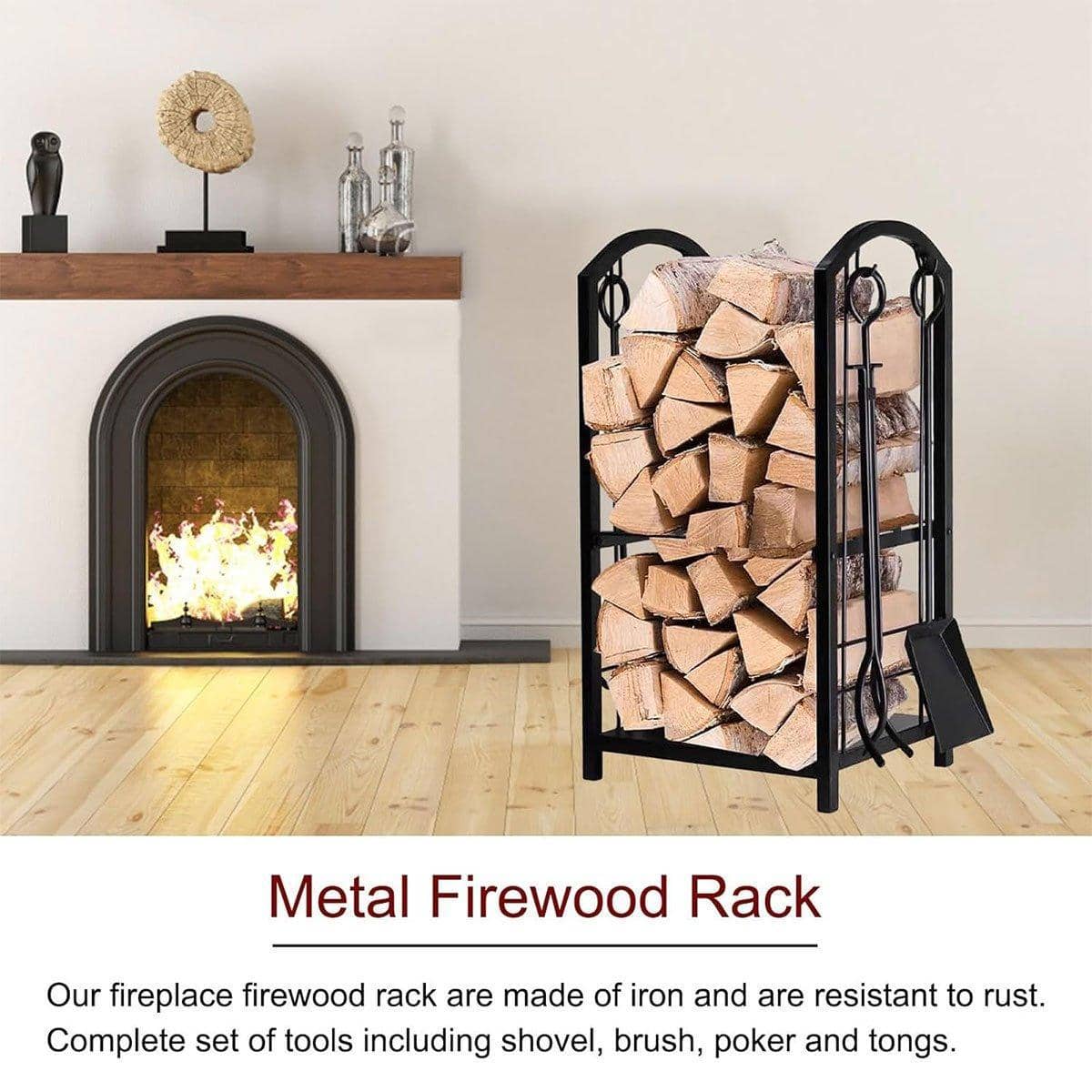 Heavy Duty Firewood Storage Rack with Fireplace Tools - view 4