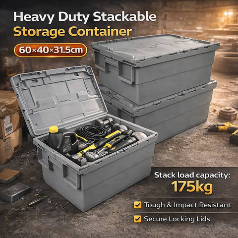 Heavy Duty Stackable Plastic Storage Box with Lid, Warehouse Tote Bin in Grey