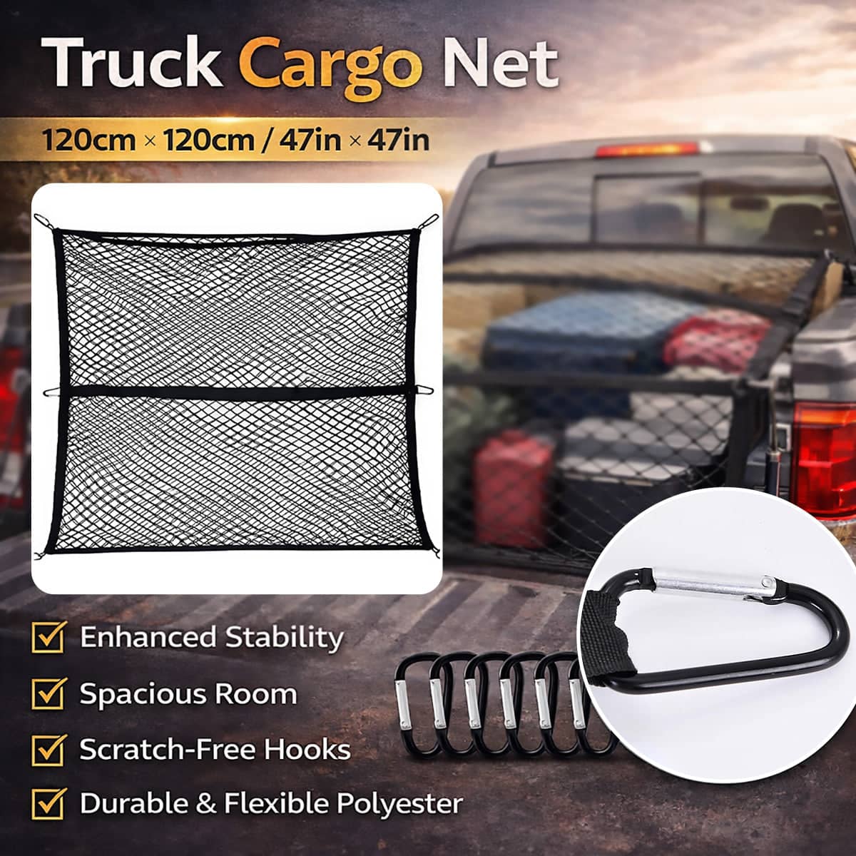 Heavy Duty Truck Bed Cargo Net, Elastic Mesh with 6 Carabiners, 120 x 120 cm