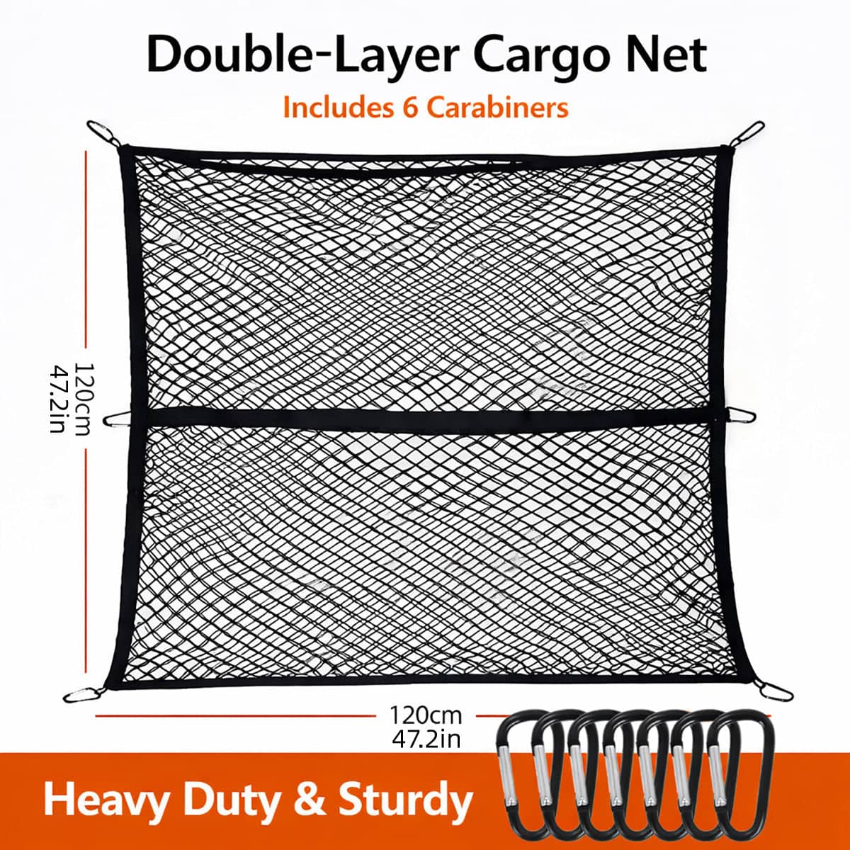 Heavy Duty Truck Bed Cargo Net, Elastic Mesh with 6 Carabiners, 120 x 120 cm - view 3