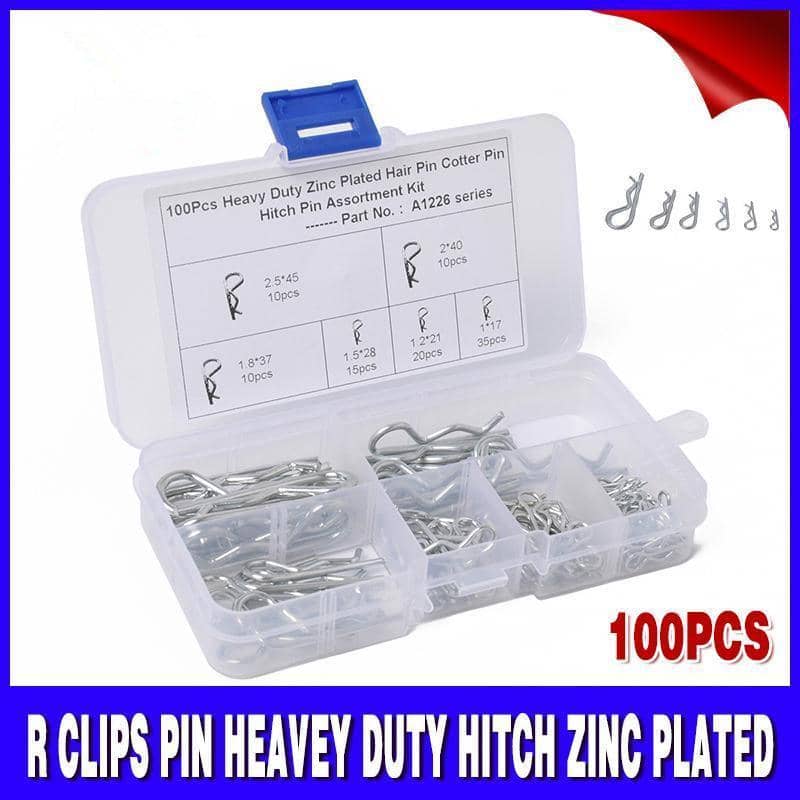 Heavy Duty Zinc Plated R Clip Hitch Pin Assortment for Tractors, Pack of 100