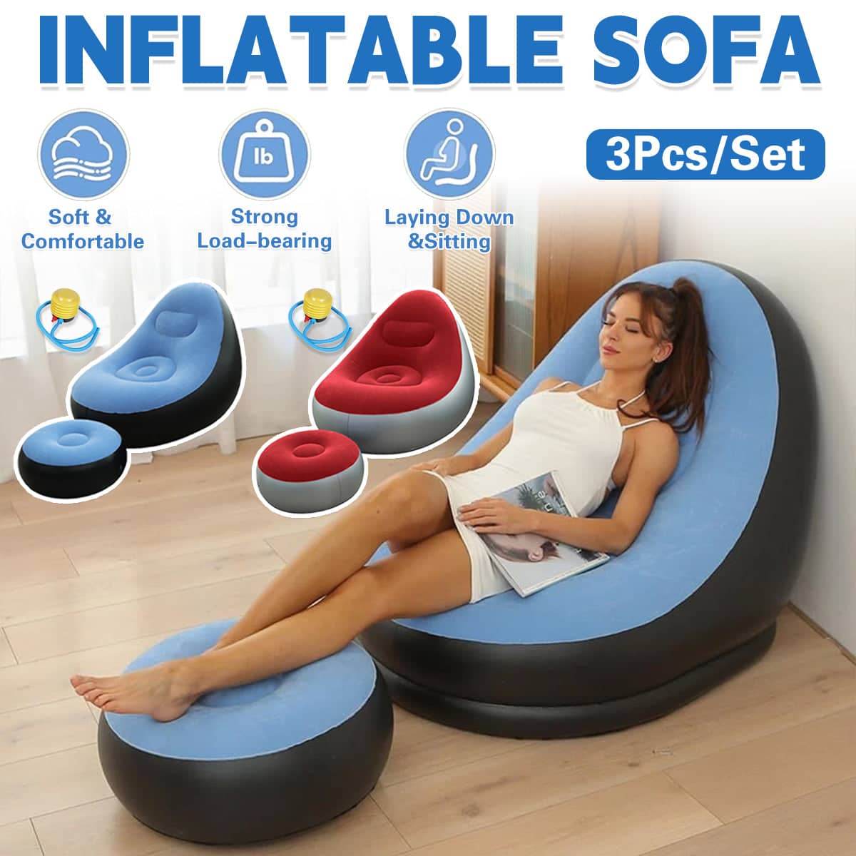 Inflatable Lazy Sofa Recliner with Footrest and Foot Pump - Red - view 2