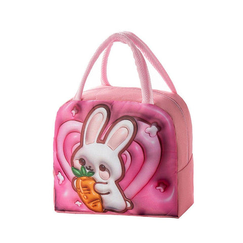 Insulated Kids Lunch Bag, 3D Cartoon Oxford Fabric - Pink Rabbit