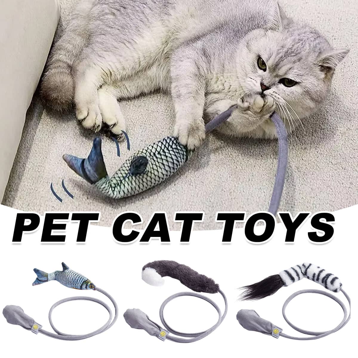 Interactive Cat Toy with Catnip and Bell - Grey Cat Tail with White Tip - view 2
