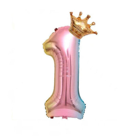 Iridescent Rainbow Foil Number Balloon with Gold Crown, 32 Inch (81 cm) - Number 1