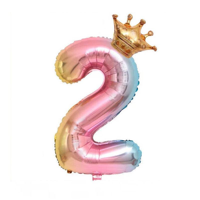 Iridescent Rainbow Foil Number Balloon with Gold Crown, 32 Inch (81 cm) - Number 2