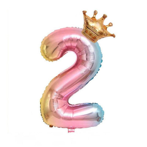 Iridescent Rainbow Foil Number Balloon with Gold Crown, 32 Inch (81 cm) - Number 2