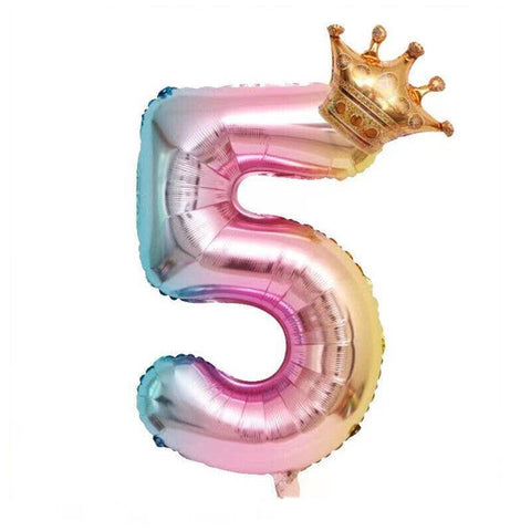 Iridescent Rainbow Foil Number Balloon with Gold Crown, 32 Inch (81 cm) - Number 5