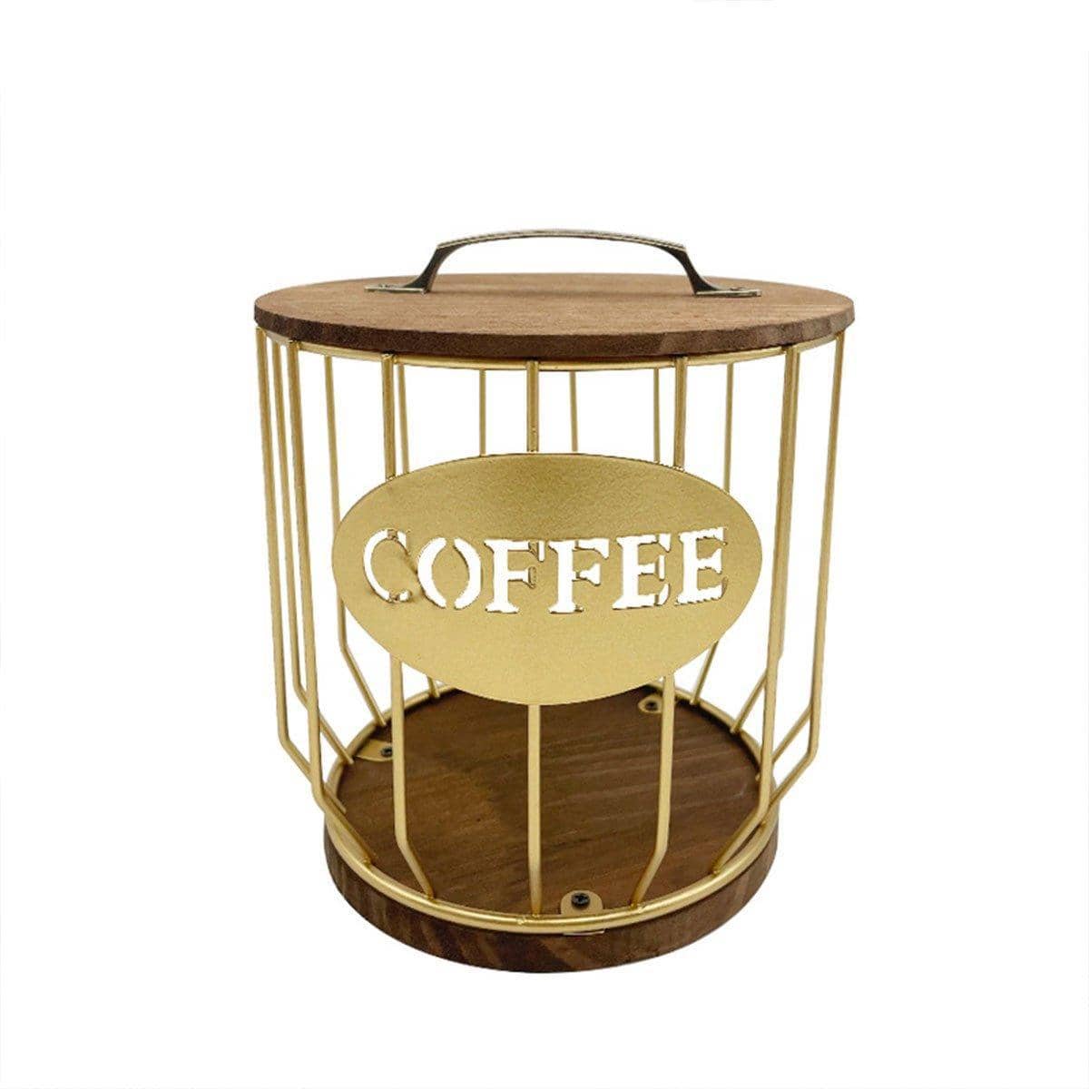 Iron and Wood Coffee Capsule Storage Basket - Gold