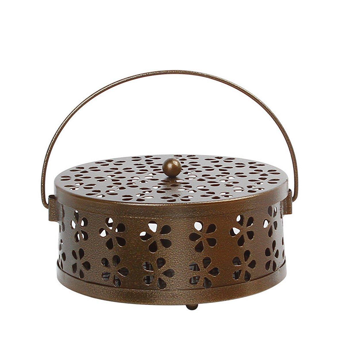 Iron Mosquito Incense Box with Lid and Handle, Coil Holder - Brown