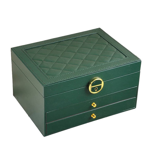 Jewellery Organiser Box, 3-Layer PU Leather Storage Case - Green