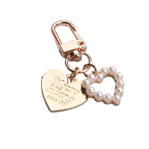 Keyring Bag Charm - Gold Heart with Pearl Heart