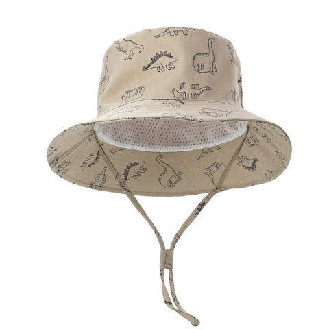 Kids Dinosaur Print Bucket Hat with Wide Brim and UPF 50+ - Beige