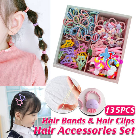 Kids Hair Accessories Set with Clips and Rubber Bands, Set of 126
