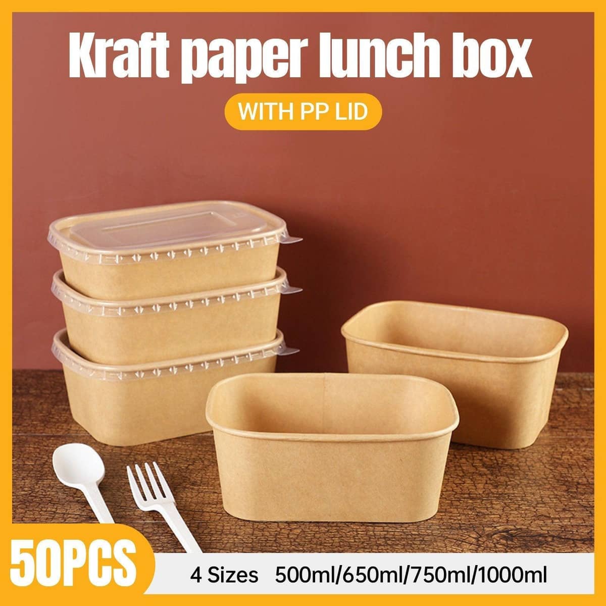 Kraft Paper Food Containers with PP Lids - 500 ml, Pack of 50 - view 2