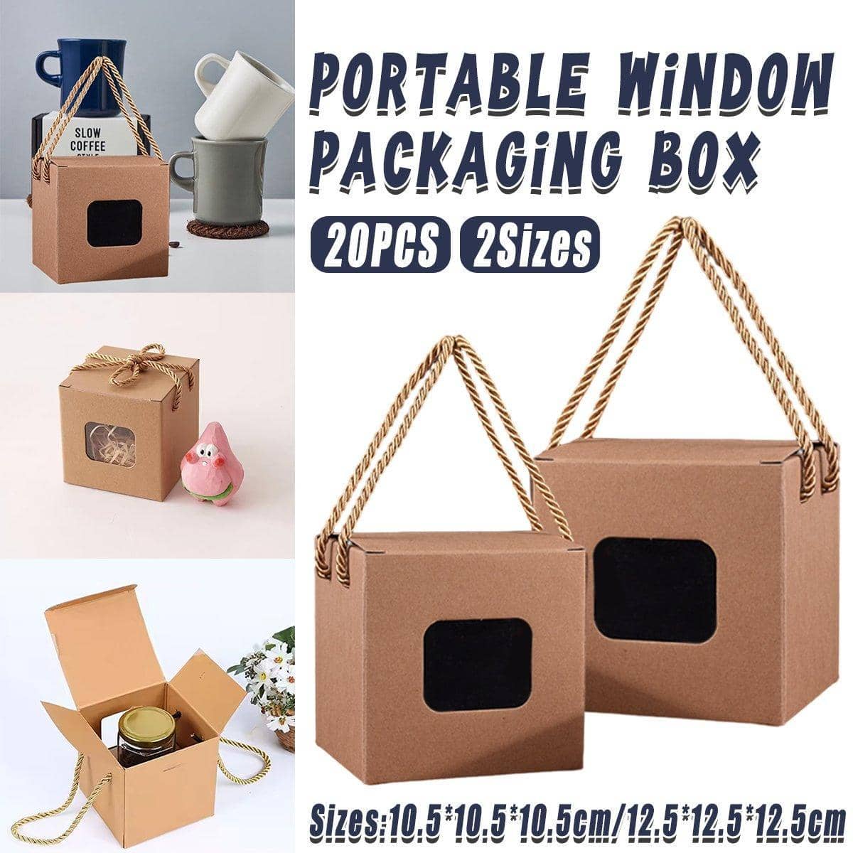 Kraft Paper Gift Boxes with Window and Rope Handles, Pack of 20 - 12.5 x 12.5 x 12.5 cm - view 2