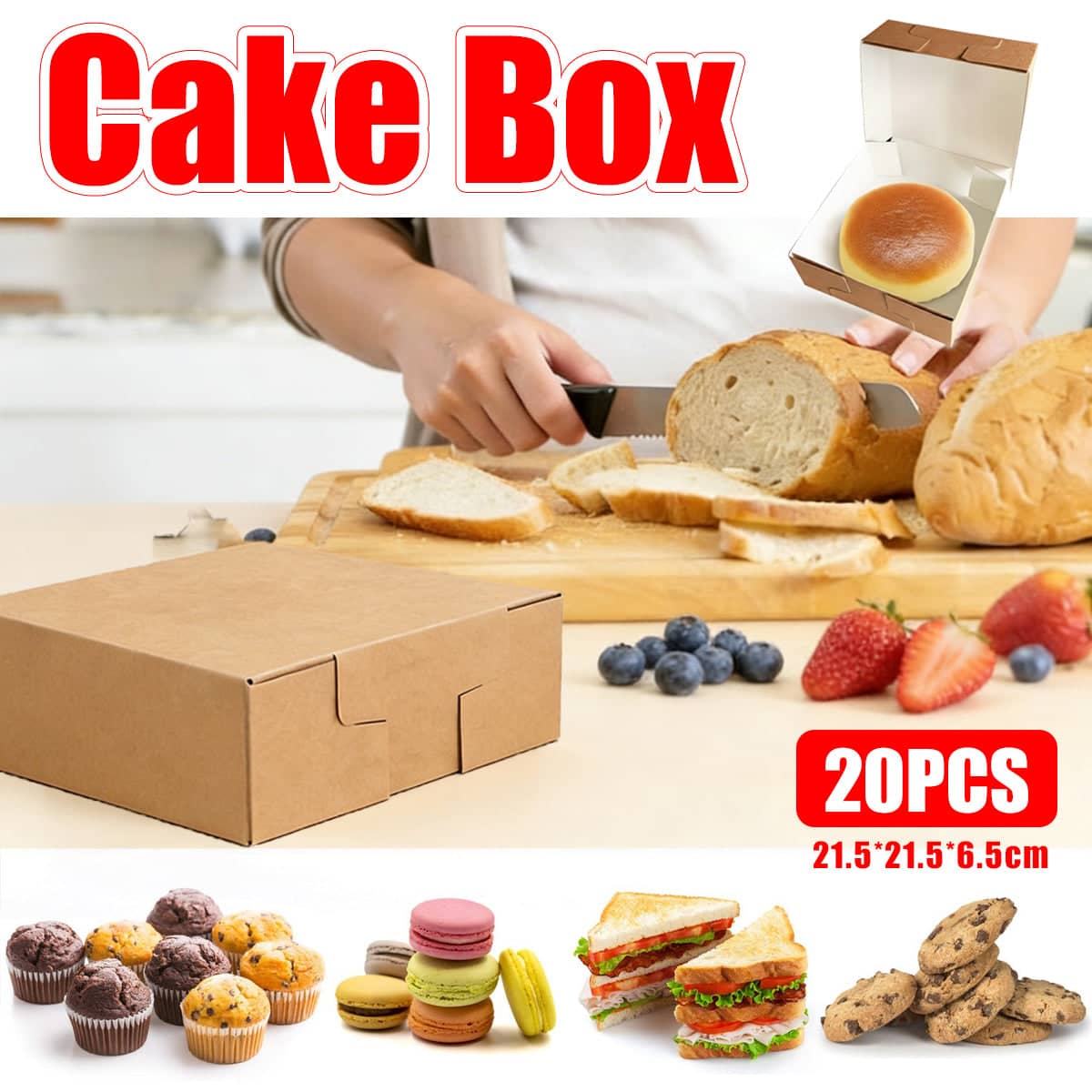 Kraft Paper Takeaway Boxes - 20 Pack, 21.5 x 21.5 x 6.5cm