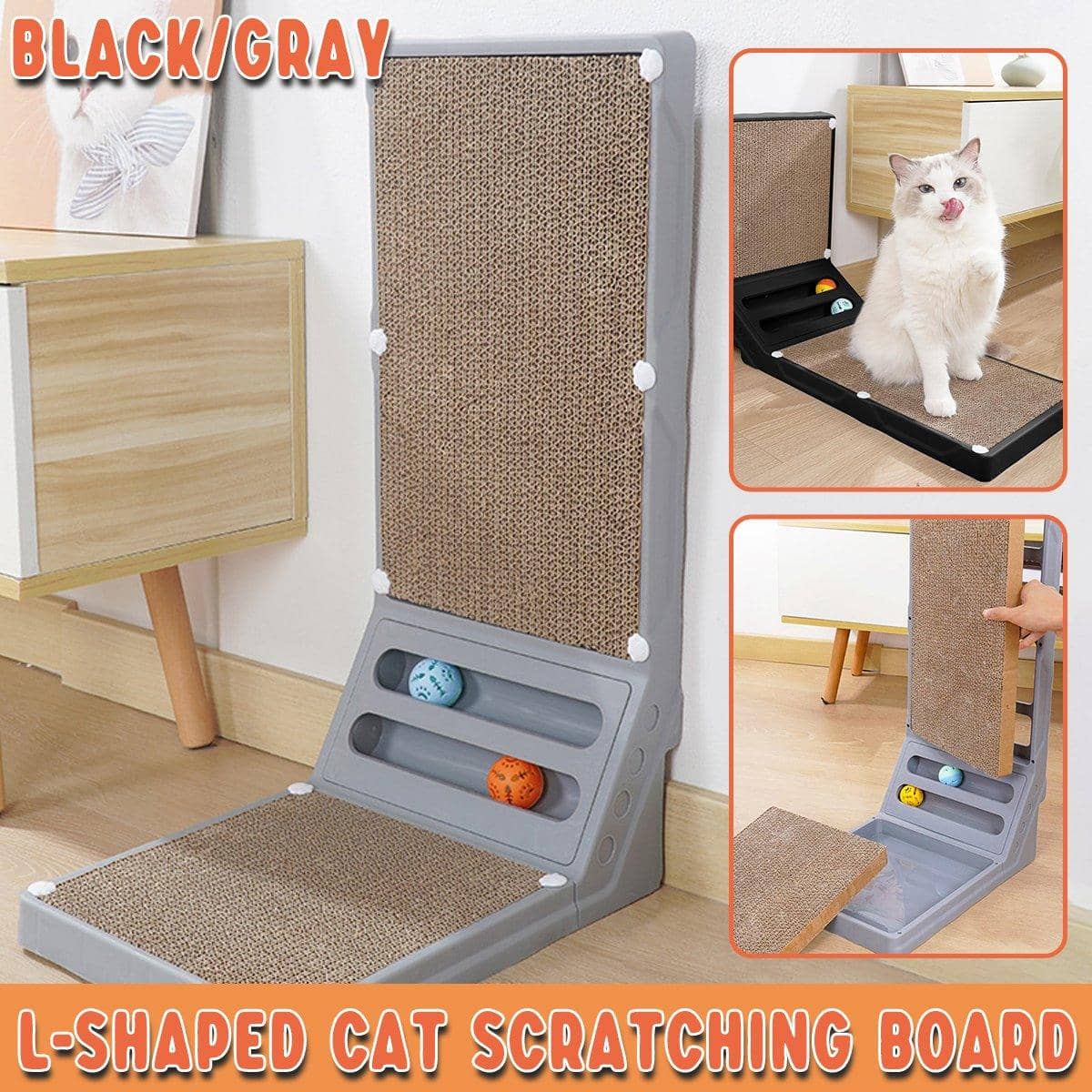 L-Shaped Cat Scratching Board with Ball Tracks - Black - view 2