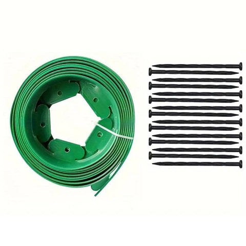 L-Shaped Plastic Garden Edging Border, 5 m with Ground Stakes - Green