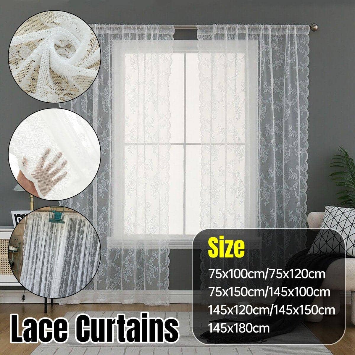 Lace Curtain for Bedroom Window and Door, Privacy Sheer - 145 x 100 cm - view 3