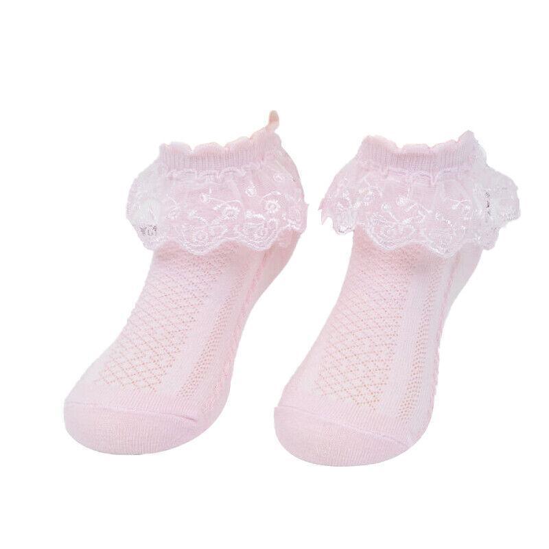 Lace Ruffle Frilly Ankle Socks for Girls, Size S - Pink