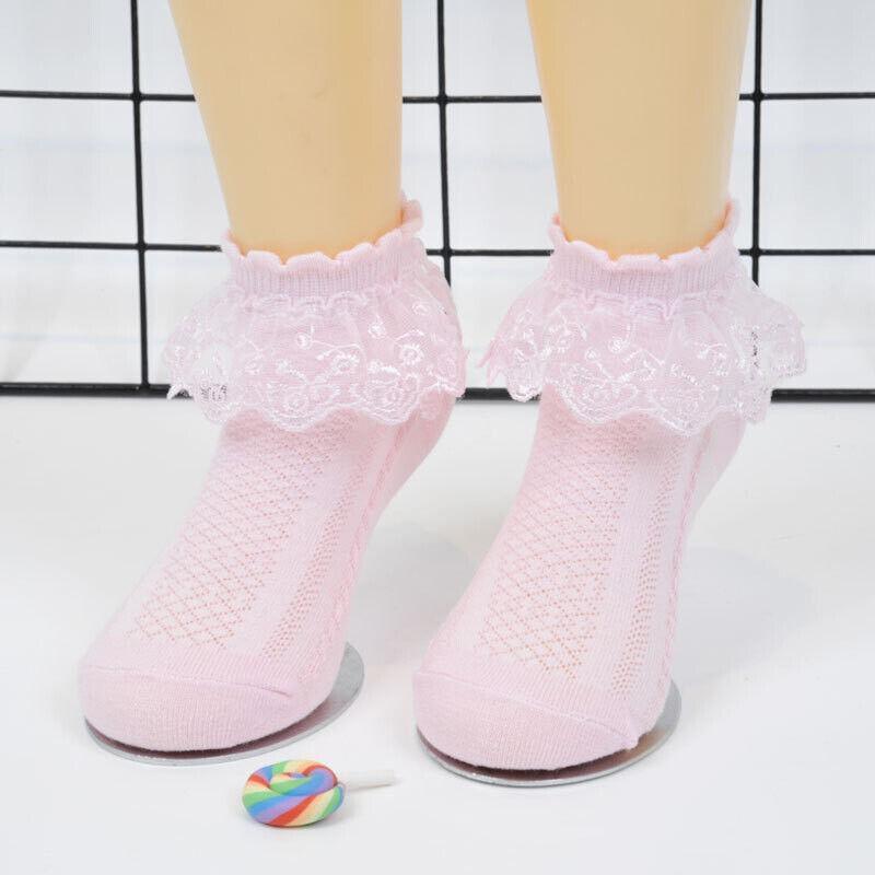 Lace Ruffle Frilly Ankle Socks for Girls, Size S - Pink - view 10